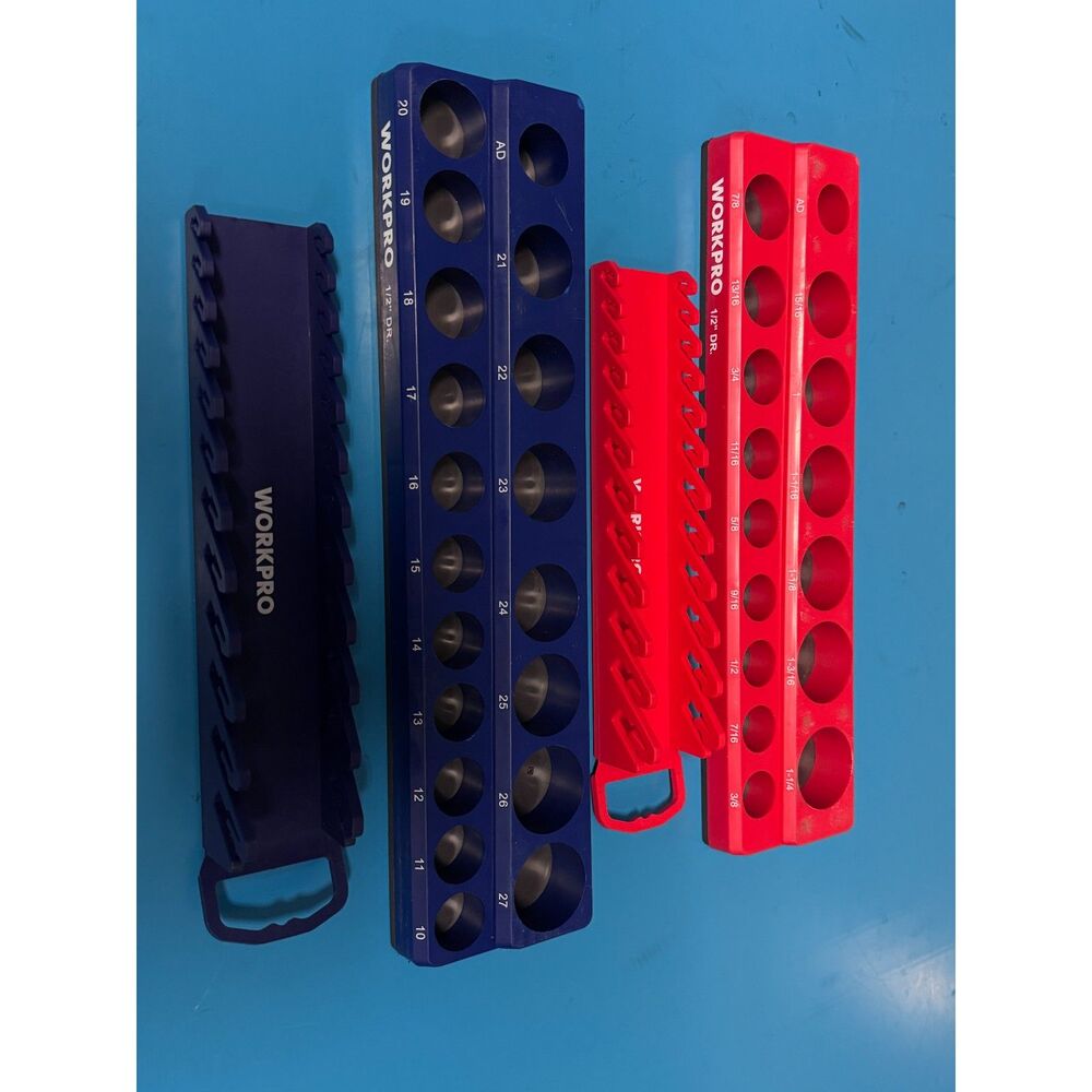 WORKPRO 1/2" Drive Magnetic Socket Organizer Tray Set Red SAE + Blue Metric